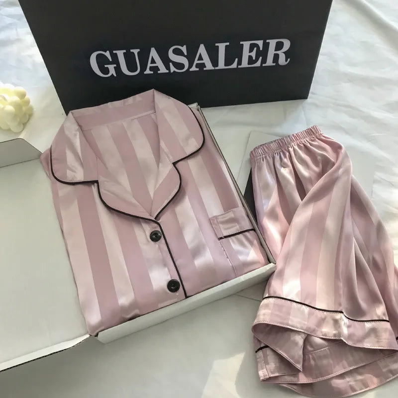 Women's Sleepwear1 Set Women's Elegant Lounge Set, Plus Size Satin Striped Button Up Long Sleeve Shirt & Pants Pajamas