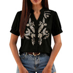 Women Floral Embroidery Puff Short Sleeve T Shirt Stand Collar V Neck Button Down Loose Solid Tees Summer Boho Casual Office Top