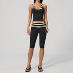 New Fake Two-piece Yoga Sets Women Striped Shock-absorbing Slim Sports Tank Top Fitness Suit Gym High Waist Mid Pants Tracksuit