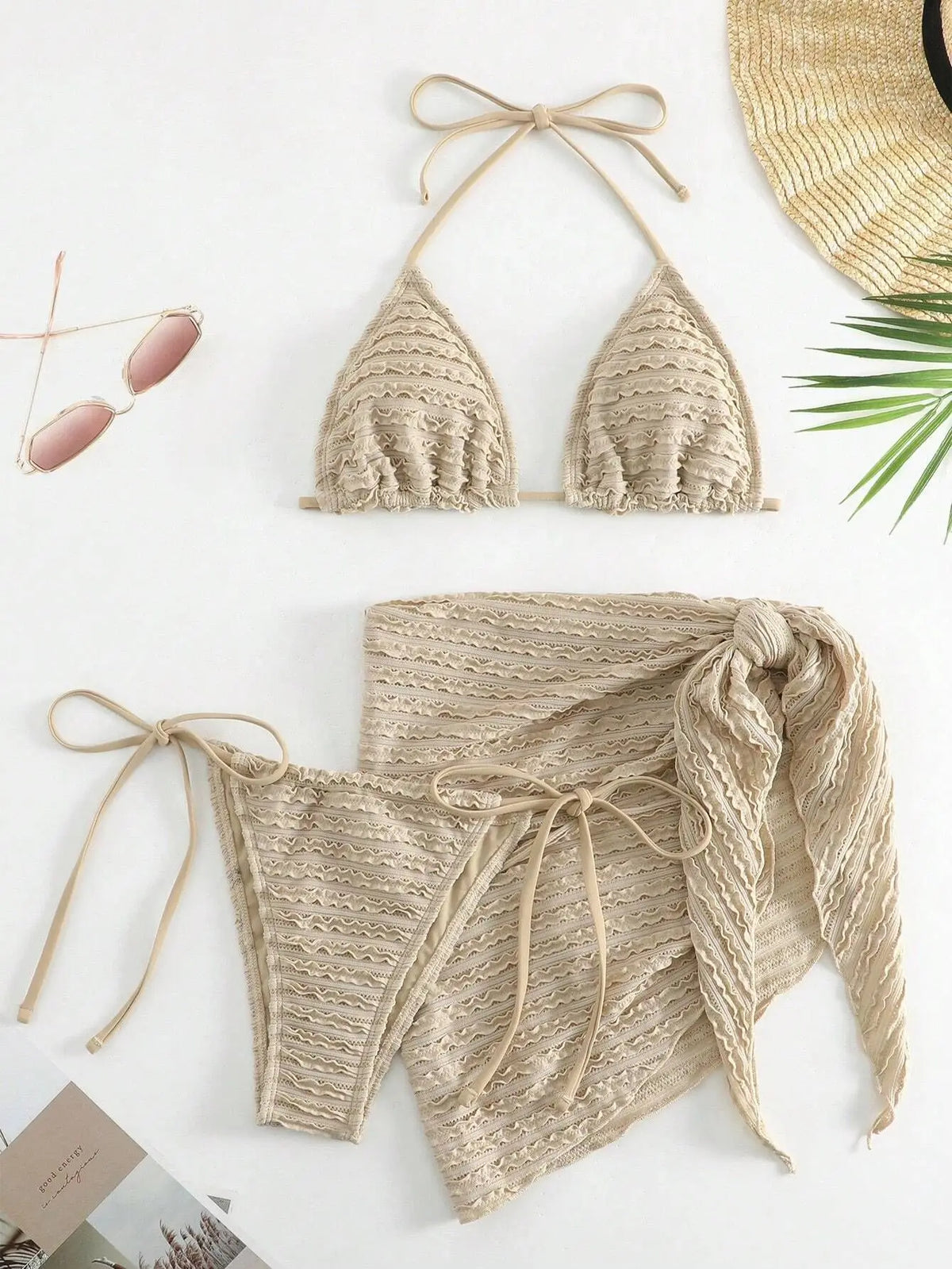 Sexy Mesh Skirt 3 Piece Swimsuit Women Solid Beige Hole Out Push Up Triangle Bikini 2025 Beach Bathing Suit Cover Up Swimwear