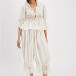 hirigin Women Lace Trim 2 Piece Pajamas Sets Y2k Bow Tie Front Short Sleeve Shirts + Ruffle Flared Lantern Pants Loungewear