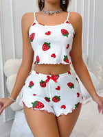 Summer Strawberry Print 2PCS Pajama Set Women's Casual Sleepwear Suspender Crop Tops and Shorts Comfortable Home Wear