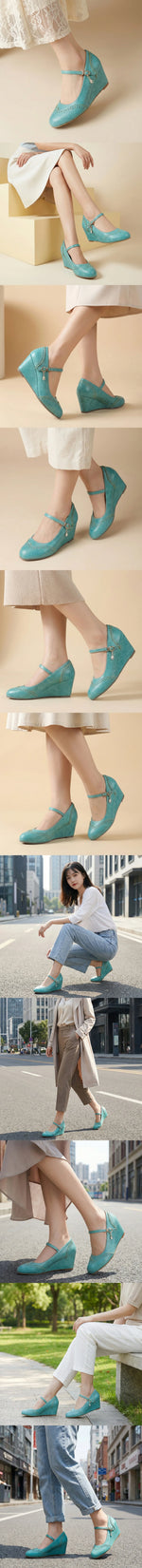 2026 Small Big Size 32-48 Vintage Green 7cm High Heels Wedges Pumps White Red Comfy Walk Summer Mary Janes Brogue Shoes Women