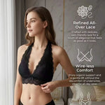 Women's Black Lace Halter Bralette Front Clasp V-neck Sheer Wireless Bra Sexy Elegant All-over Lace Lounge Top A563