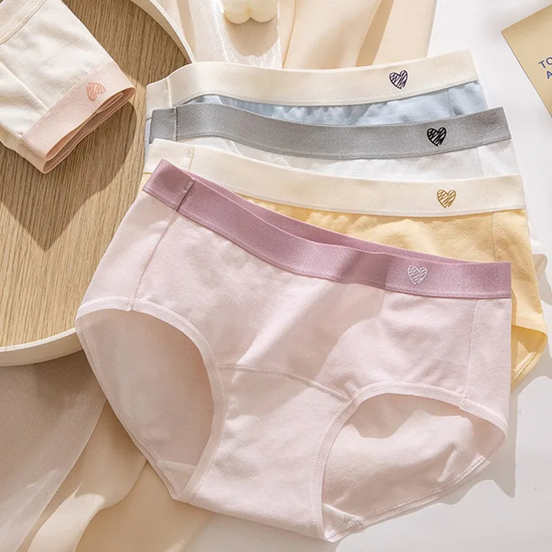 1 Pack Women's Heart Print Waistband Cotton Mid-Rise Panties Solid Color Briefs Stretch Daily Wear Lingerie M-XL Underwear