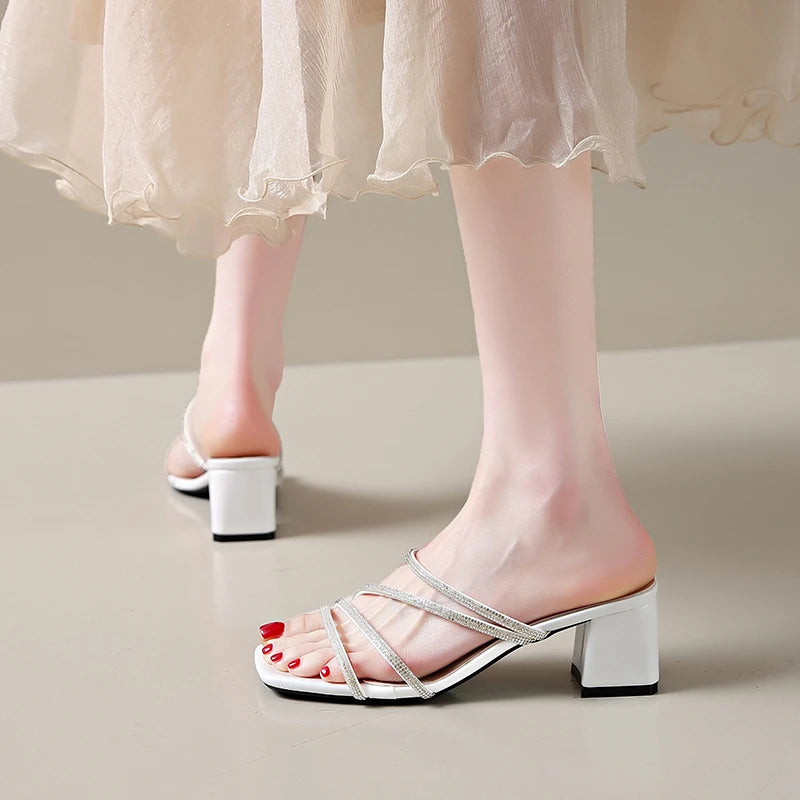 Women Square Toe Rhinestone Cross‑Strap Block Heel Slide Mules Open Toe Slip‑On Dress Party Wedding Heeled Slippers Large Size