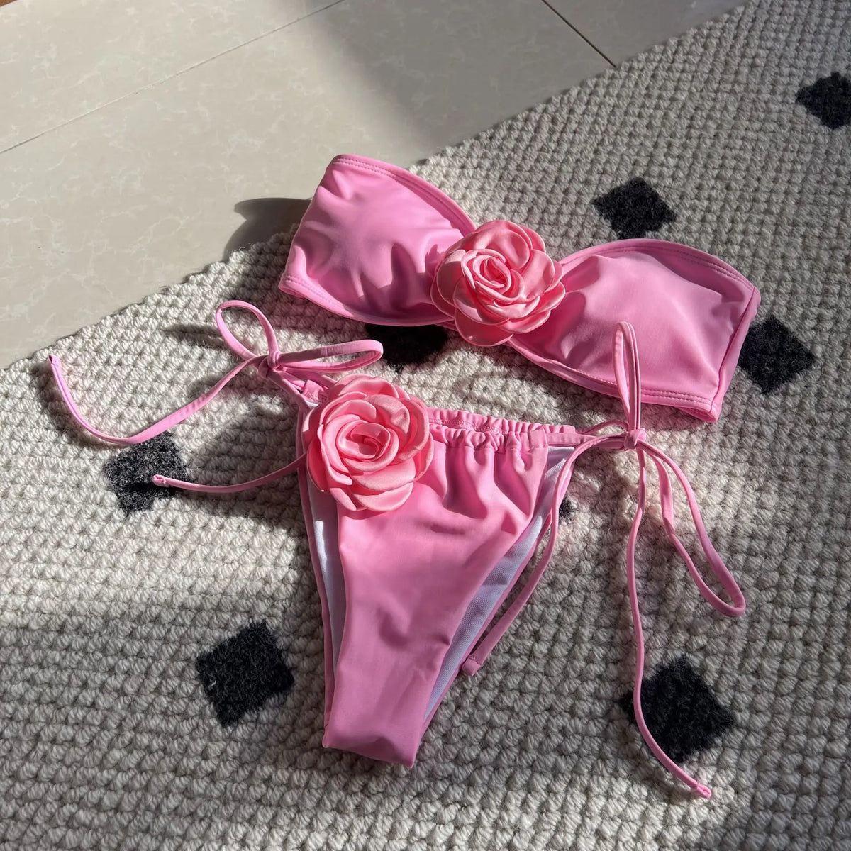 DEKA Pink 3D Flower Bandeau Bikinis Sets 2026 Sexy Swimsuit Women String Micro thong Swimwear Bathing Suit Beach Wear Bikini