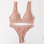 Women Seamless Bra And Panties Set Push Up Bras High Leg Cut Thongs Sport Wireless Brassiere Sexy Lingerie Ribbed Underwear