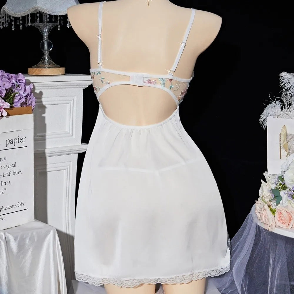 Thin Lace Bow Women's Pajama Dress Embroidered Mesh Transparent Ice Silk Suspender Nightdress Split Sleepwear