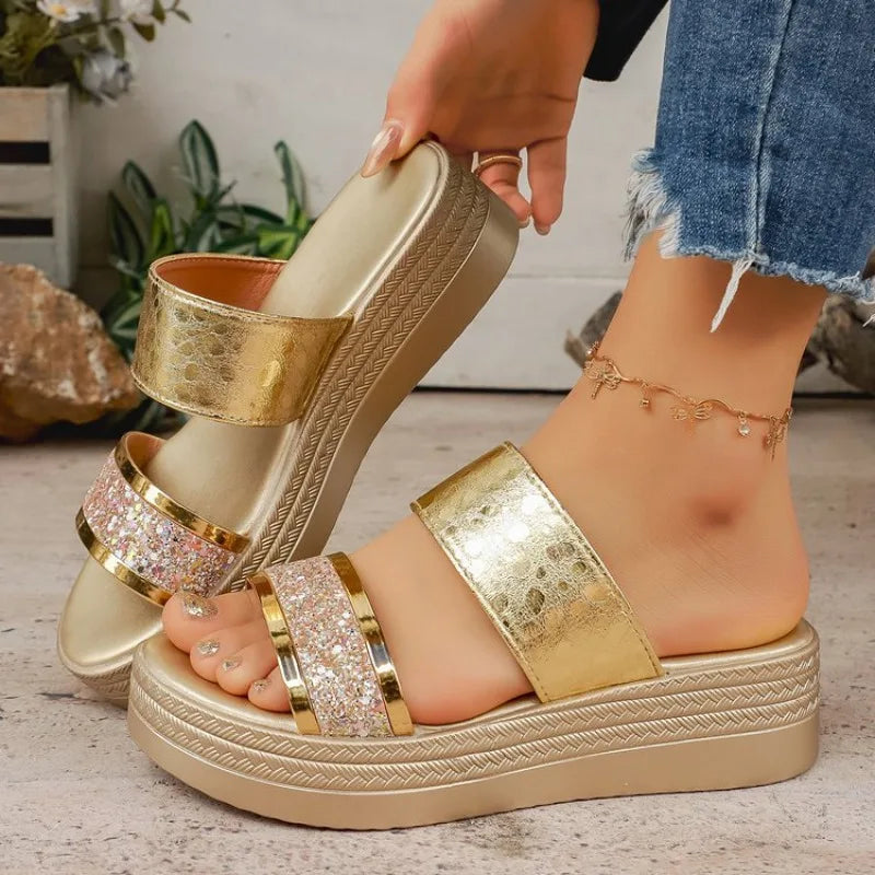 Women Wedge Sandals Casual Comfortable Party Shoes Shiny Crystal Wedges Slippers Women High Heels Chunky Platform Sandals Woman