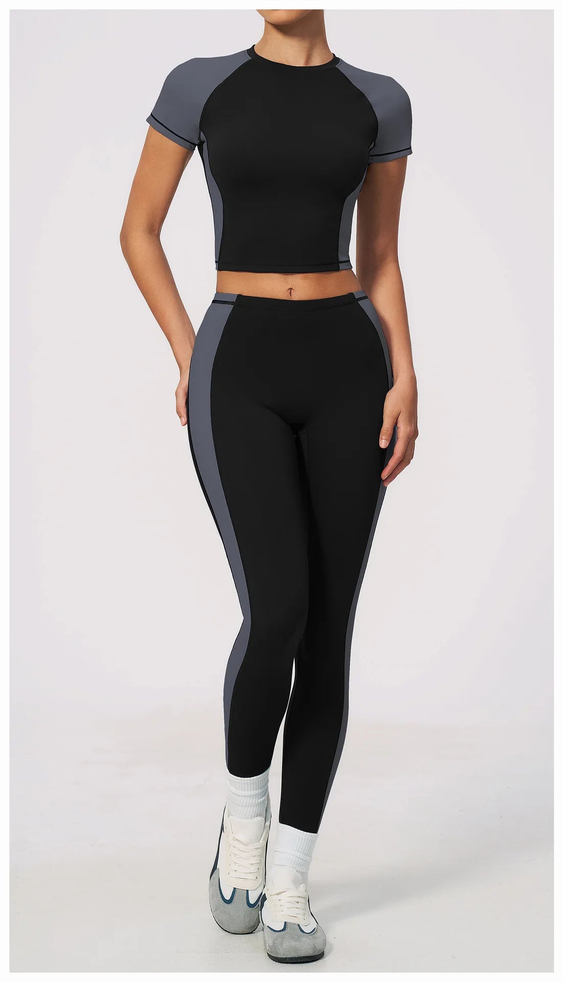 Nake Yoga Set Women's Tracksuit Color Contrast Short Sleeve Slim Sports T Shirts High Waist Leggings Fitness Clothes Gym Outfits