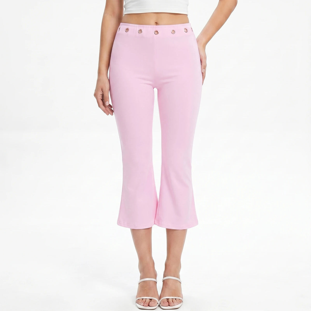 Womens Summer Cropped Pants Mid Rise Flare Trousers Stylish Casual Leg Pants with Silver Eyelet Capris