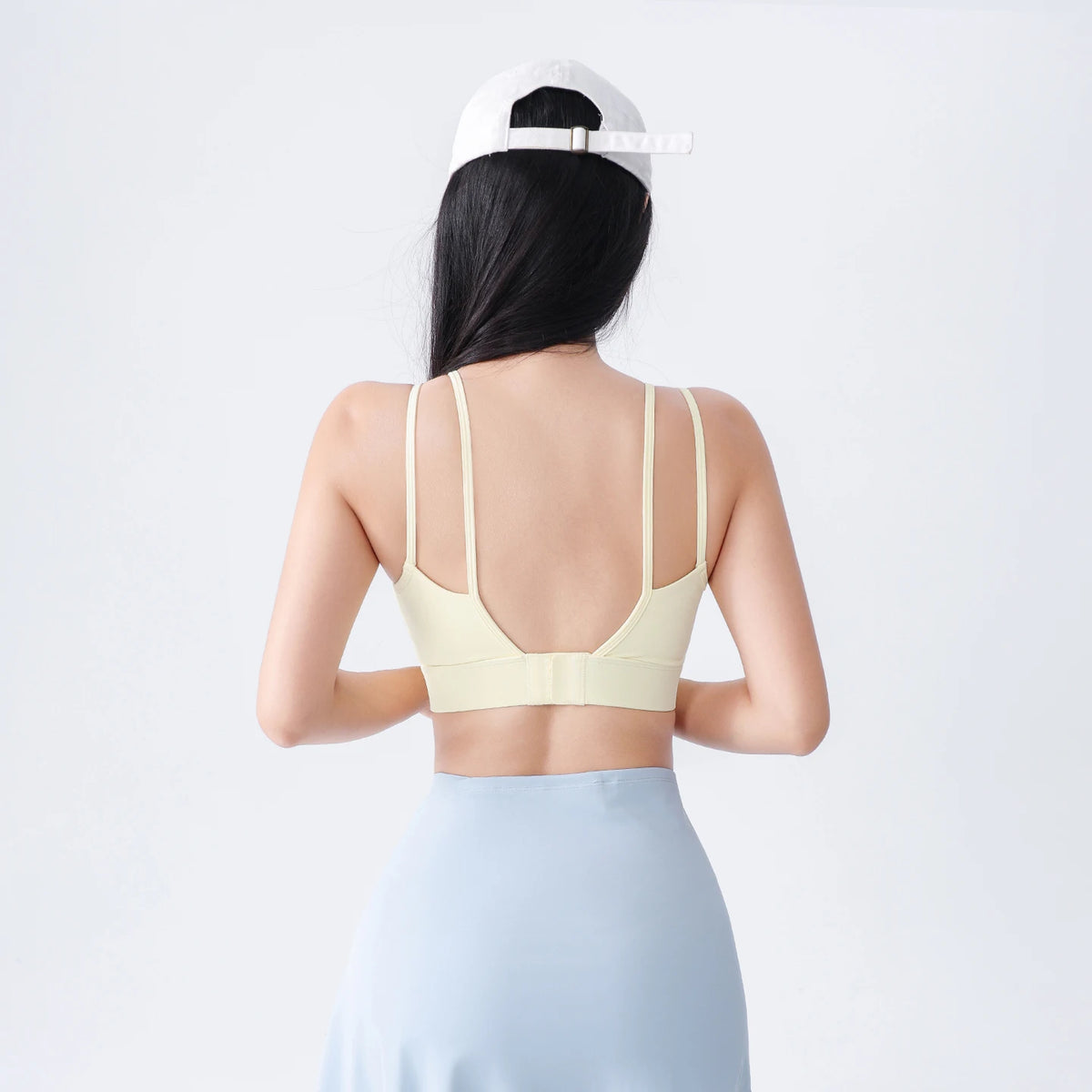 Women Fixed Cup Sports Bra Double Thin Strap Crisscross Back Wirefree Shockproof Yoga Fitness Back Closure Crop Top