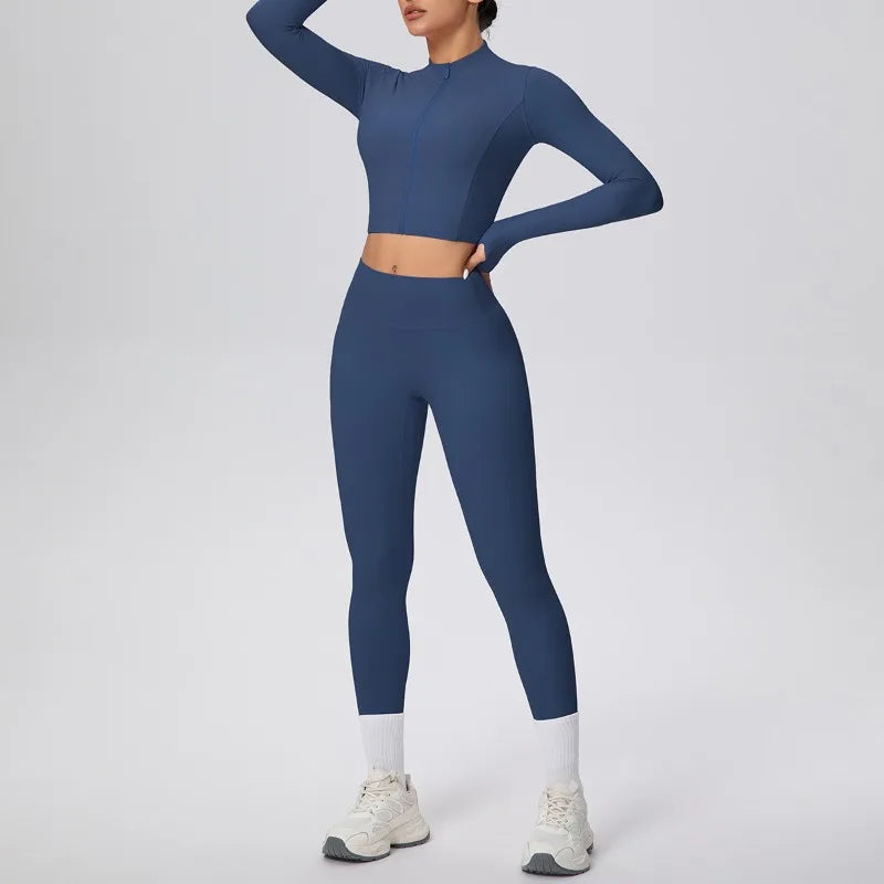 New Women Yoga Set Solid Color Double-Sided Brushed Bare Feel Short Long-Sleeve Jacket Tight Pants Running Fitness 2-Piece Set