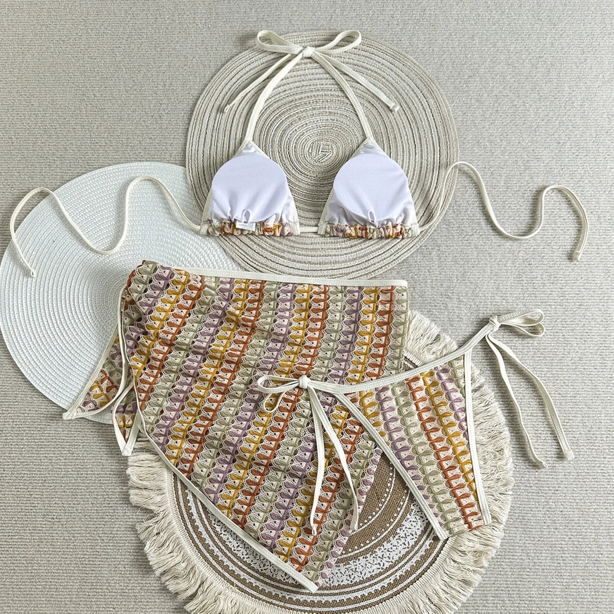 Sexy Colorful Striped Bikini Set Women Push Up Bra Thong Swimsuit 2026 Summer Bathing Suit Beach Mesh Cover Up 3 Piece Swimwear