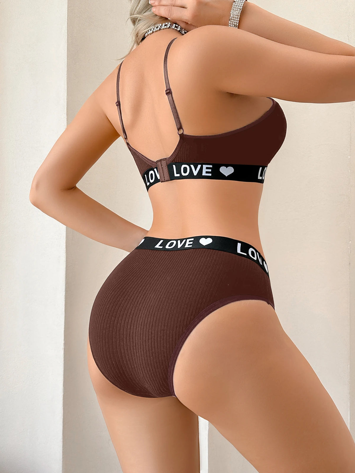 3 Sets Soft Cotton women's underwear set Solid Color Ribbed Splice Letter Print Wireless Bra Daily Comfortable Women's Panties