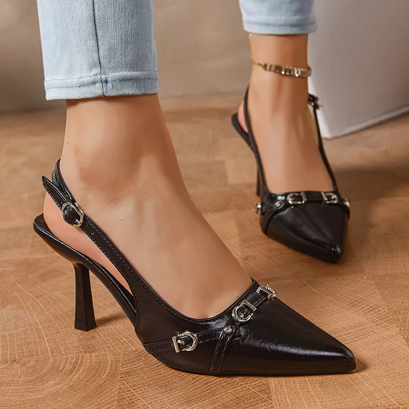 Punk Style Belt Buckle High Heels Sandals Women 2025 Sexy Pointed Toe Stiletto Heel Sheos Woman Back Strap Mules Sandles Female
