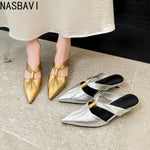 2026 Summer New Brand Women Slipper Fashion Pointed Toe Slip On Slides Low Heel Ladies Elegant Mules Sandals Top qualityGold