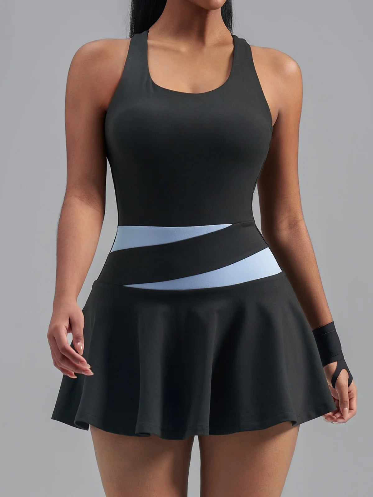 Women's Color Blocked Tennis Dresses Women Hollow Back Cross One Piece Sports Suits Built in Shorts with Pocket Yoga Golf Skirt