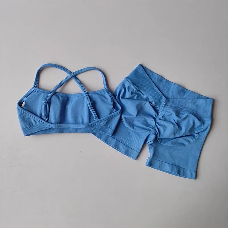 Seamless 2PCS Leggings Set Women Seamless Yoga Set High Waist Scrunch Butt Shorts With Halter Sports Bras Workout Gym Suit Set