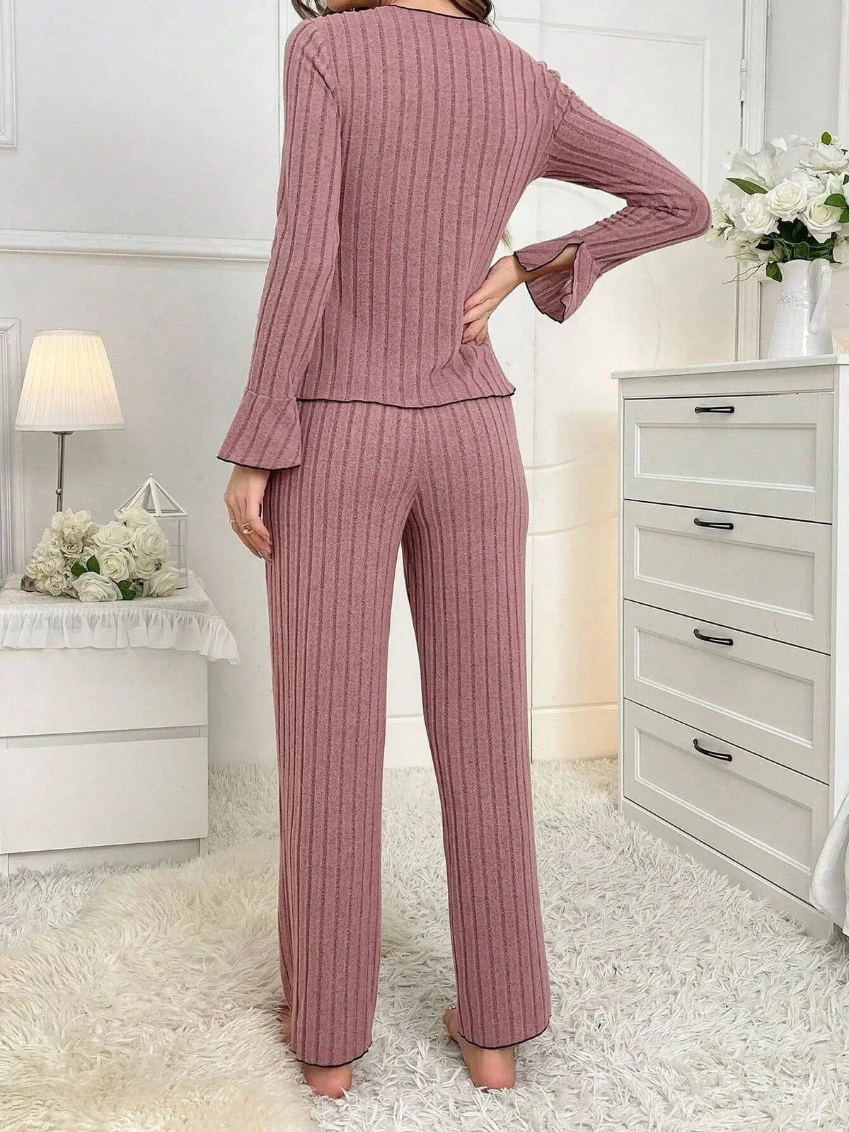 Autumn Winter Warm Sleepwear Woman Lapel Bow Fashion Long Sleeve T-shirt Tops and Trousers Sets Home Wear Pajamas Set