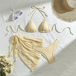 Yellow Micro Thong 3 Piece Bikini Set Damen Mesh Cover Up String Halter Swimwear Sexy Swimsuit Women 2025 Bathing Suit Bikinis