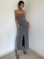 WOMENGAGA Retro High Waist Half Skirt Girl Bifurcate Slim A-LINE Gray Skirts Fashion American Spicy Girls 2023 New 5P2F