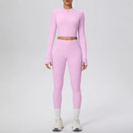 New Women Yoga Set Solid Color Double-Sided Brushed Bare Feel Short Long-Sleeve Jacket Tight Pants Running Fitness 2-Piece Set