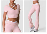 Summer Quick Drying Yoga Sets Women Black Patchwork Short Sleeve Cross Neck Sports Top High Waist Flared Pants Fitness Suits