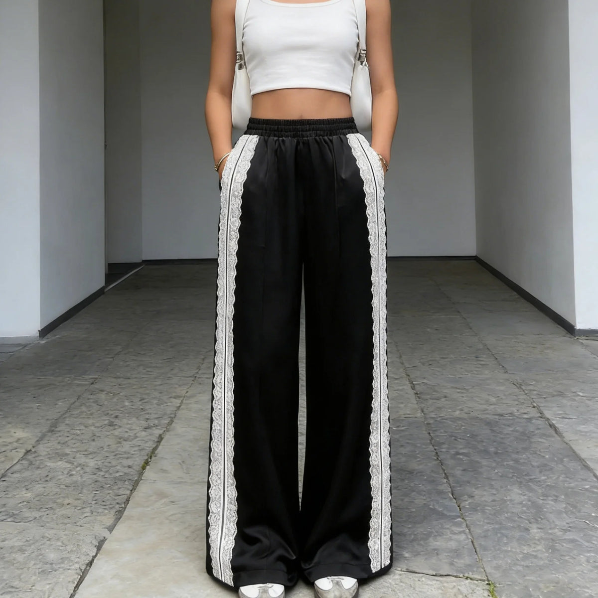 Elegant Solid Color Women's Satin Wide Leg Pants Lace Trim High Waist Loose Fit Trousers For Daily Vacation