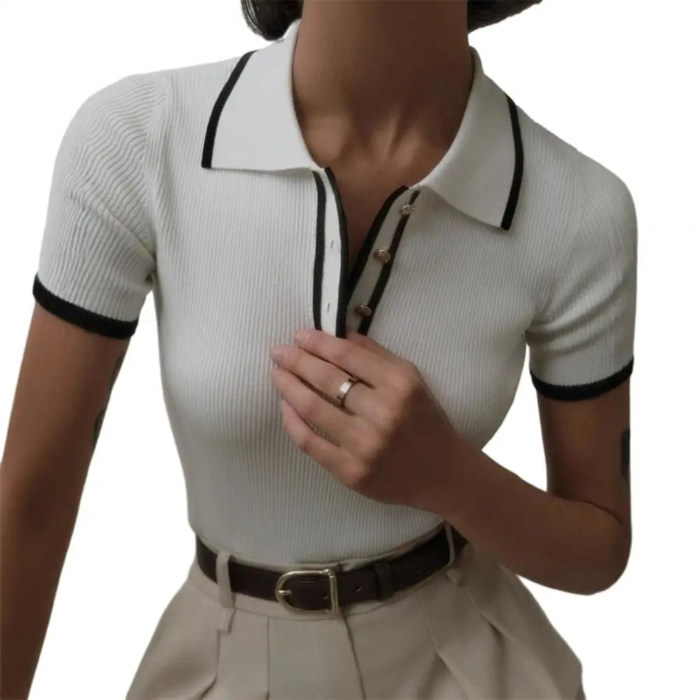 Women Short Tops Short-Sleeve Patchwork Color Lapel Tops with Buttoned Neckline Regular Fit Knitting Tops