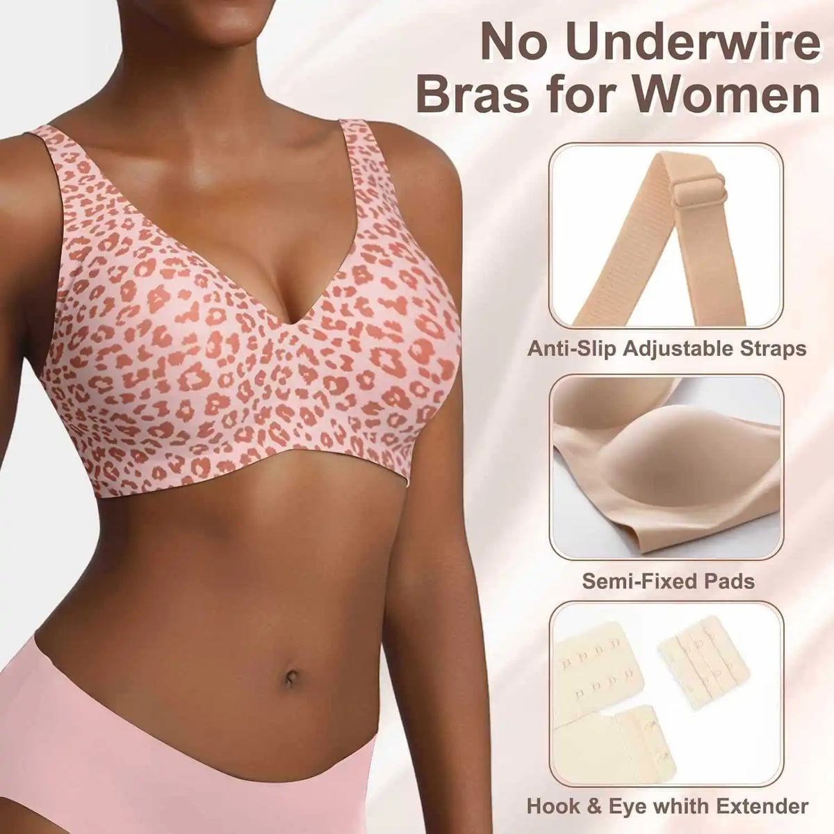 Women's Seamless Pink Leopard Print Bra Wire-Free Bra Full Cup Soft Thin Mold Support Breathable and Beauty Deep V Plus Up Bra