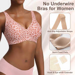 Women's Seamless Pink Leopard Print Bra Wire-Free Bra Full Cup Soft Thin Mold Support Breathable and Beauty Deep V Plus Up Bra