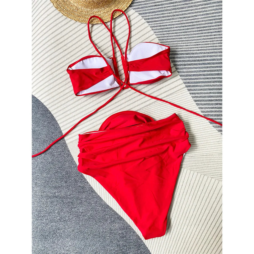 Sexy 3D Flower Wrinkled Female Swimsuit High Waist Bikini Women Swimwear Two-pieces Bikini set Bather Bathing Suit Swim Y4939