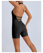 Summer Yoga Jumpsuit Back Hollow Out Bandage Pleate Pocket Shorts Sports One Piece Suits Butt Lifting Fitness Workout Bodysuit