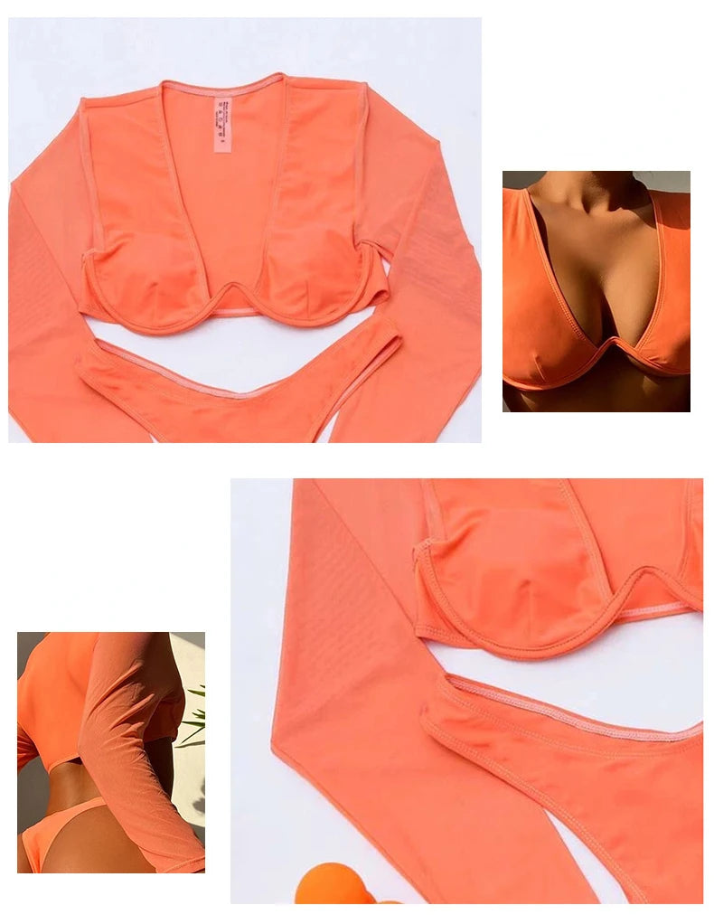 Two Piece Swimsuit Swimwear Women Sexy Bikini Push Up Long Sleeve Orange Bathing Suit Beachwear 2026 New Costumi Da Bagno Donna
