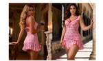 Pink Heart Print Mesh Nightdress for Women Lace Trim See Through Push Up Underwire Chemise with Panties Plus Size M-3XL