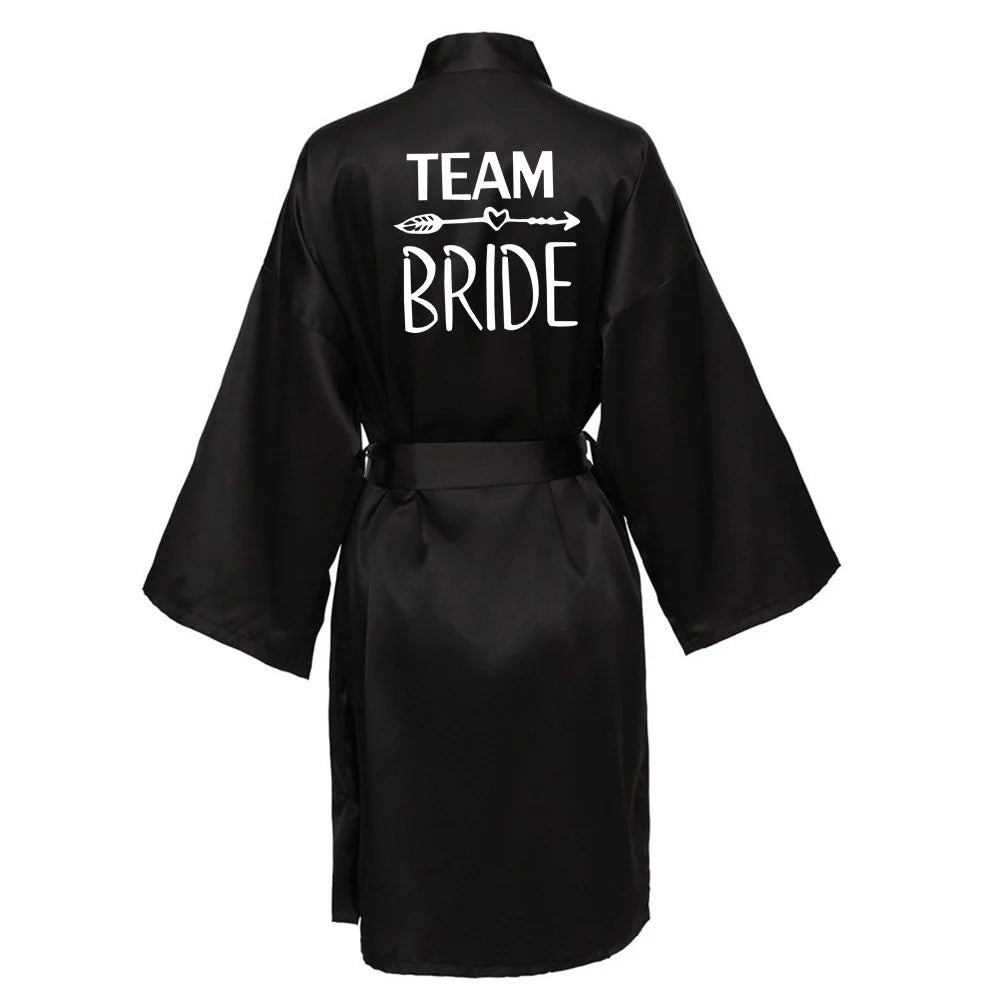 Wedding Party Team Bride Robe With Black Letters Kimono Satin Pajamas Bridesmaid Bathrobe SP004