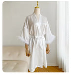Fashion Satin Robe Female Bathrobe Sexy Lingerie Silk Kimono Bride Dressing Gown Women Sleepwear Furry 3/4 Sleeve Gown Bathrobe