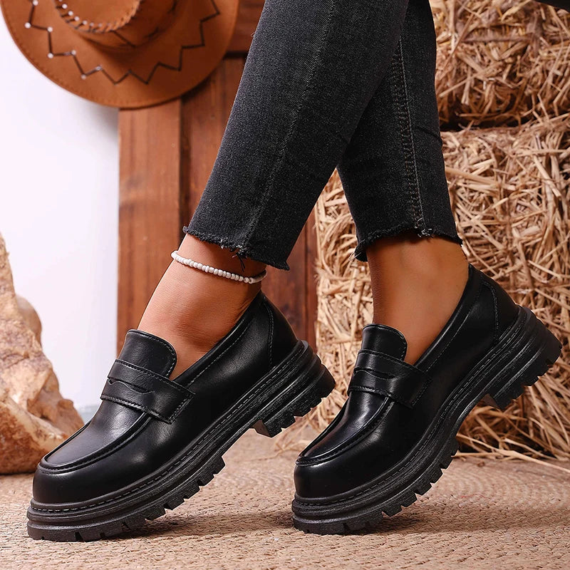 British Style Platform Loafers Women 2026 Autumn Slip On Thick Bottom Pu Leather Pumps Woman Plus Size 43 Office Student Shoes