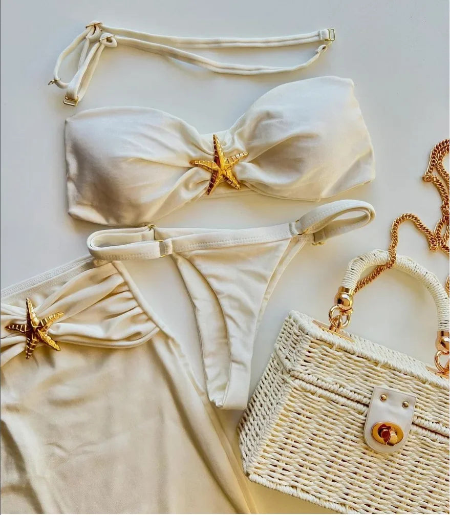 2026 New 3 Pieces Bandeau Bikini Swimsuit with Skirt Women Swimwear Female Sexy Thong Bikinis Beach Wear Swim Bathing Suit Pool