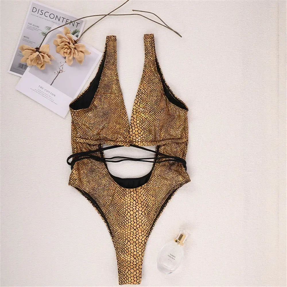 Sexy Gold Snake Print Shiny Swimwear Cut Out Monokini One Piece Swimsuits Women 2025 String Cross Bathing Swimming Suit Bodysuit