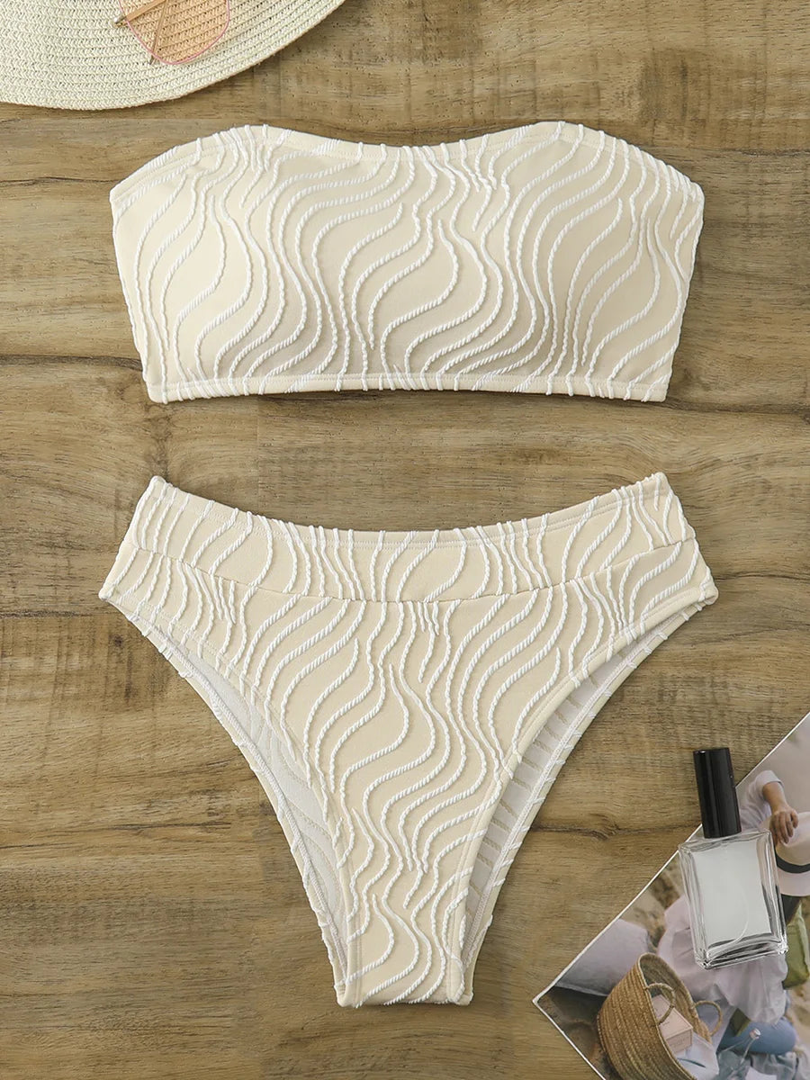 Wave Striped Bandeau Bikinis High Waist Bikini Female Swimsuit Women Swimwear Two-pieces Bikini Set Bathing Suit Swim Beach Wear