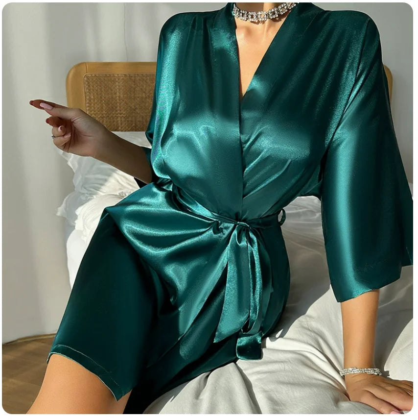 Pajamas women summer European and American ladies lace-up bathrobe sexy morning gown home dress can wear ice silk robe