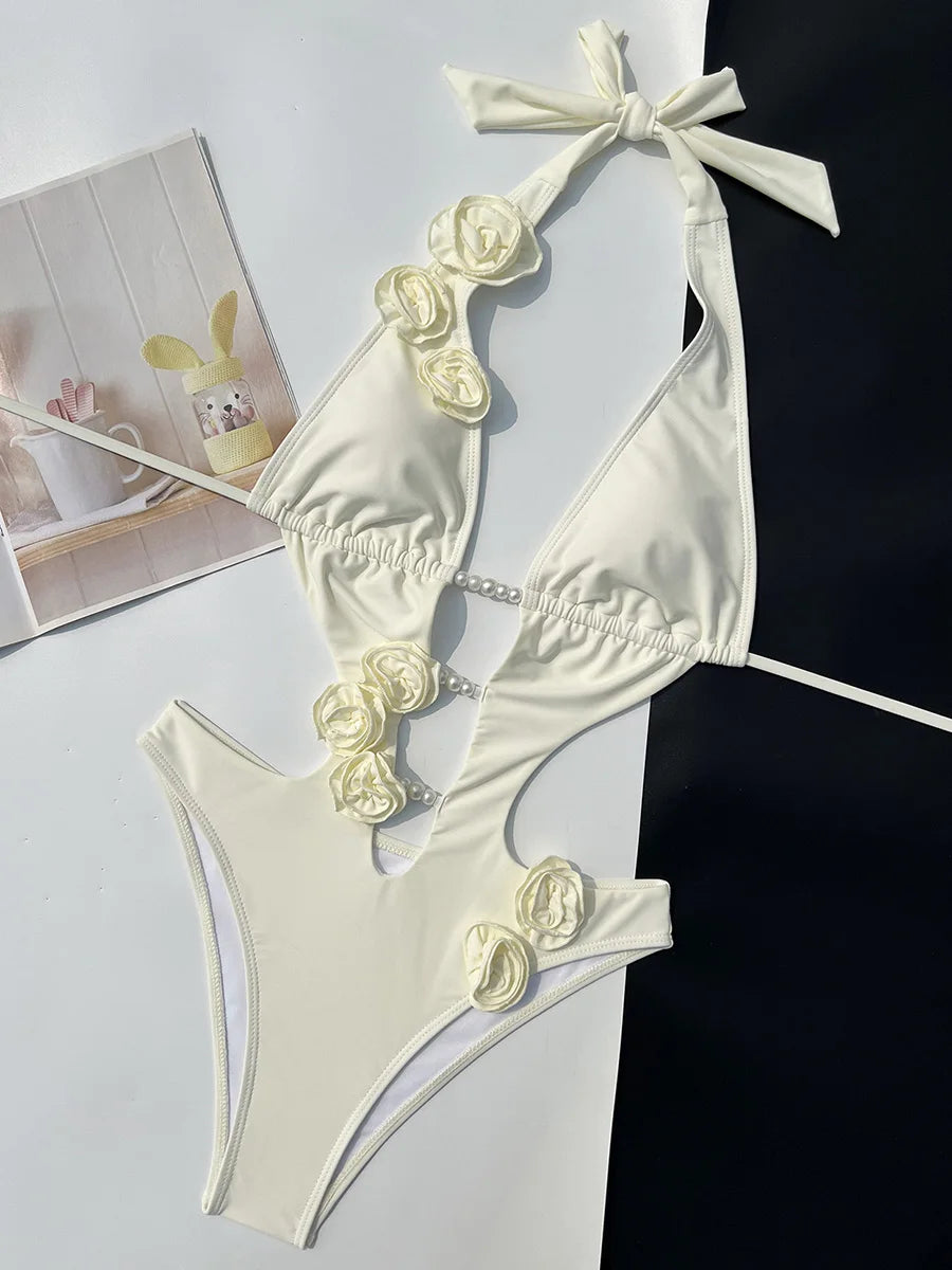 3D Flowers Pearl Deep V Neck Halter Backless Female Swimwear One Piece Swimsuit Women Monokini High Cut Bather Bathing Suit Swim