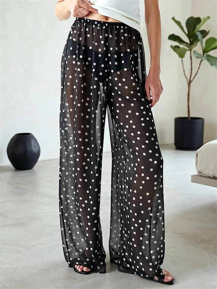 Women Sheer Mesh Pants Dots Print Elastic Waist Loose Fit Wide Leg Trousers Beach Bikini Cover up See Through Club Trousers