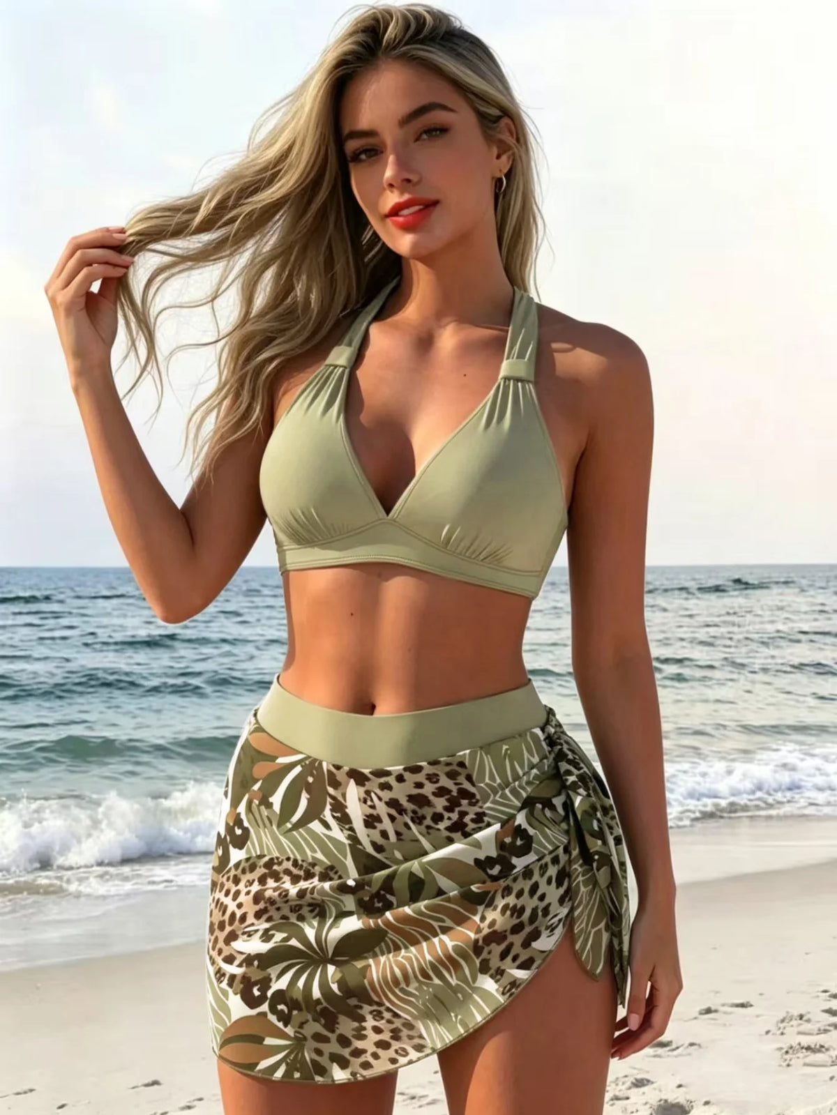 Sexy Green Leopard Print Mesh Skirt 3 Piece Bikini Set 2026 Women Push Up Bra High Waist Swimsuit Beach Bathing Suit Swimwear