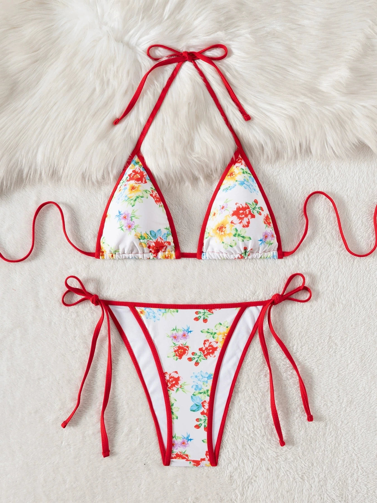 DEKA Halterneck Floral Print Bikini Set Pattern Triangle Cup Swimsuit Split Summer Cool Lace-upSwimwear Comfortable