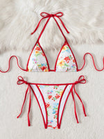 DEKA Halterneck Floral Print Bikini Set Pattern Triangle Cup Swimsuit Split Summer Cool Lace-upSwimwear Comfortable