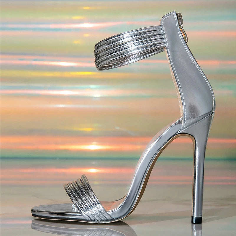 Summer Street Style Zip Ankle Cover Strap Open Toe Narrow Band Women Sandals Thin High Heels Stripper Sexy Banquet Shoes